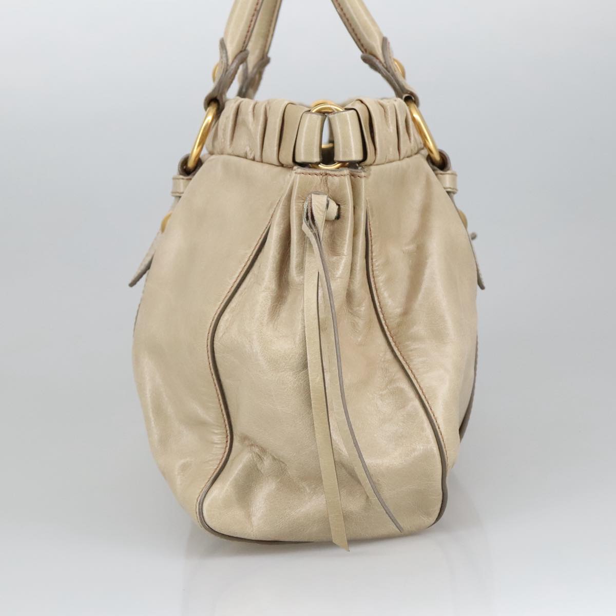 Miu Miu Hand Bag Leather Beige Gold Auth bs20350