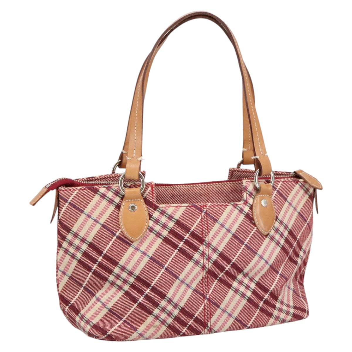 BURBERRY Nova Check Blue Label Hand Bag Canvas Silver Red Auth bs20352