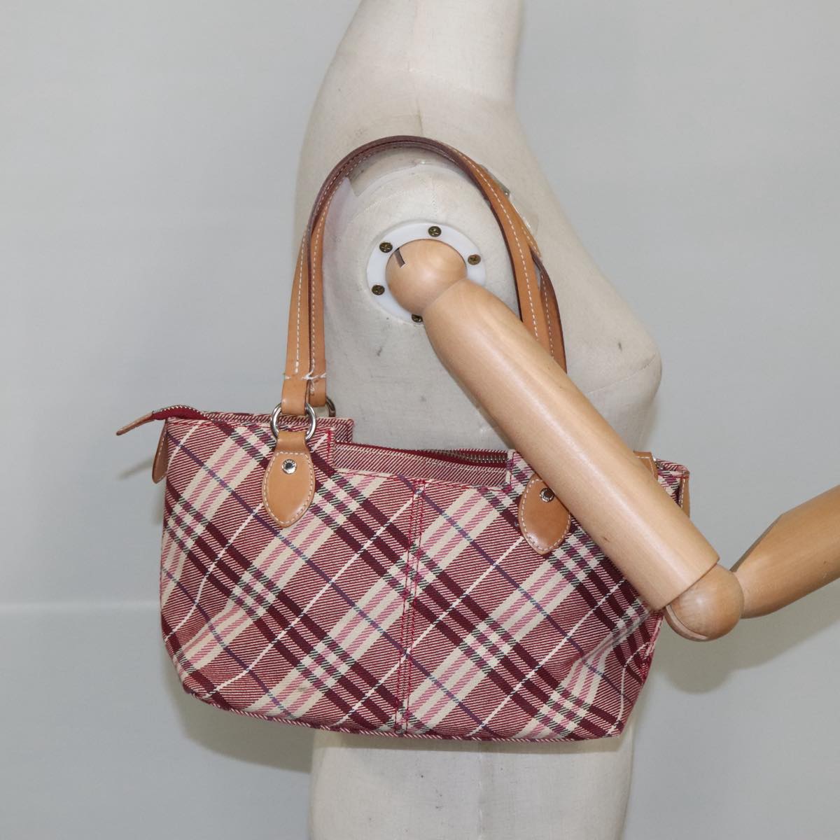 BURBERRY Nova Check Blue Label Hand Bag Canvas Silver Red Auth bs20352