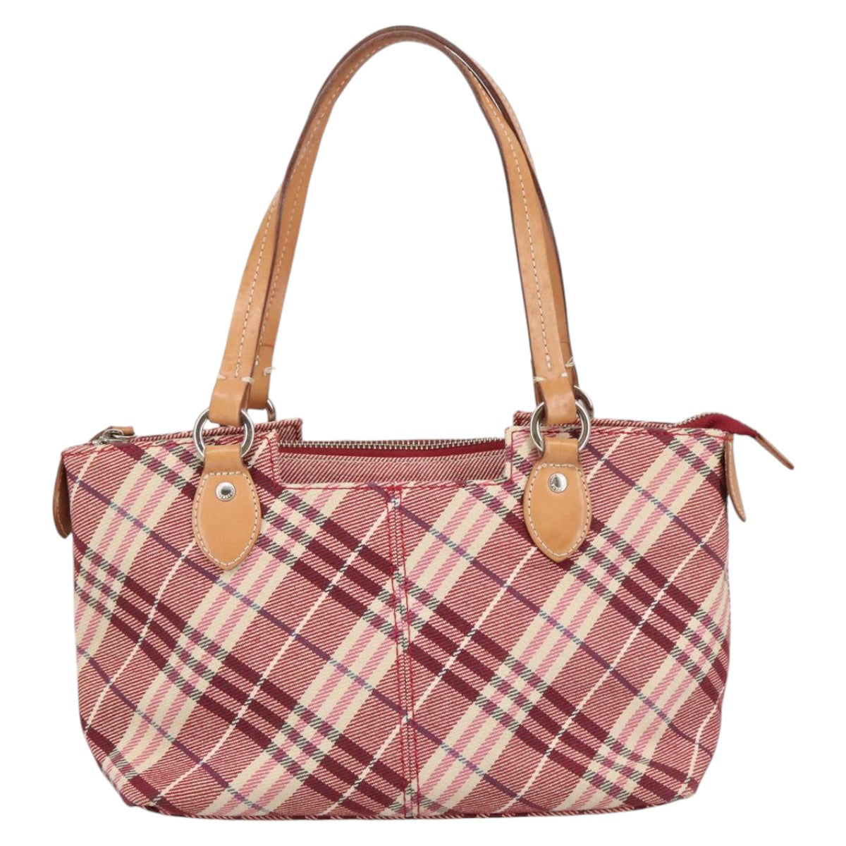 BURBERRY Nova Check Blue Label Hand Bag Canvas Silver Red Auth bs20352