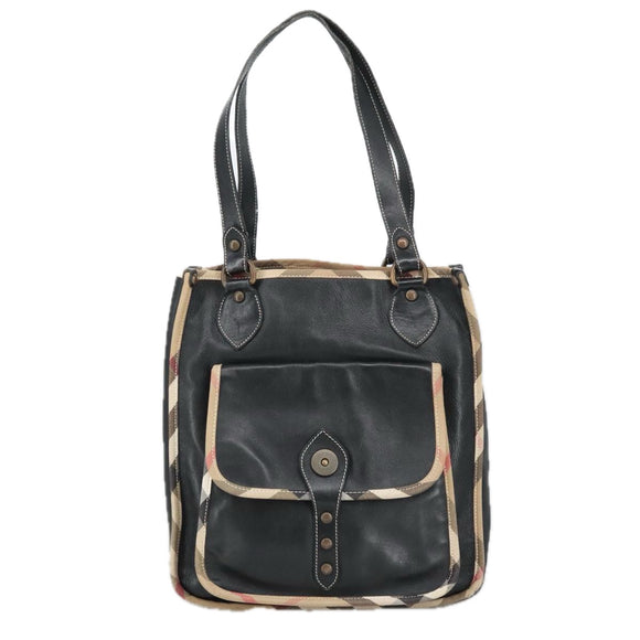 BURBERRY Nova Check Tote Bag Leather Black Auth bs20353