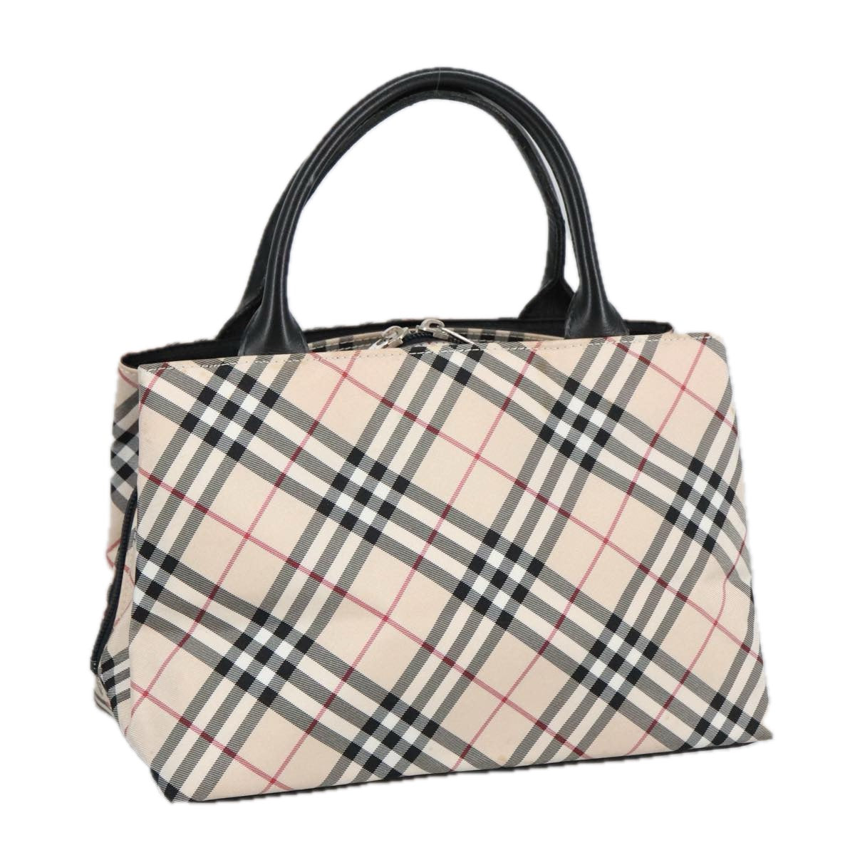 BURBERRY Nova Check Blue Label Hand Bag Nylon Silver Beige Auth bs20355