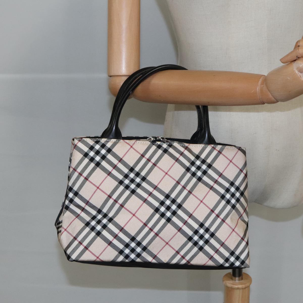 BURBERRY Nova Check Blue Label Hand Bag Nylon Silver Beige Auth bs20355