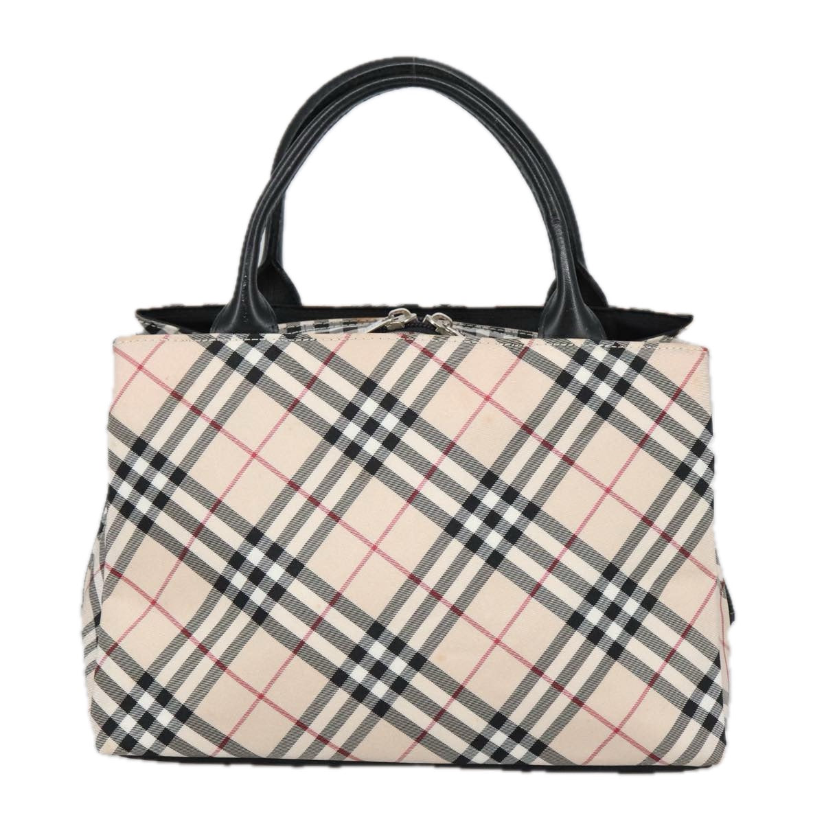 BURBERRY Nova Check Blue Label Hand Bag Nylon Silver Beige Auth bs20355