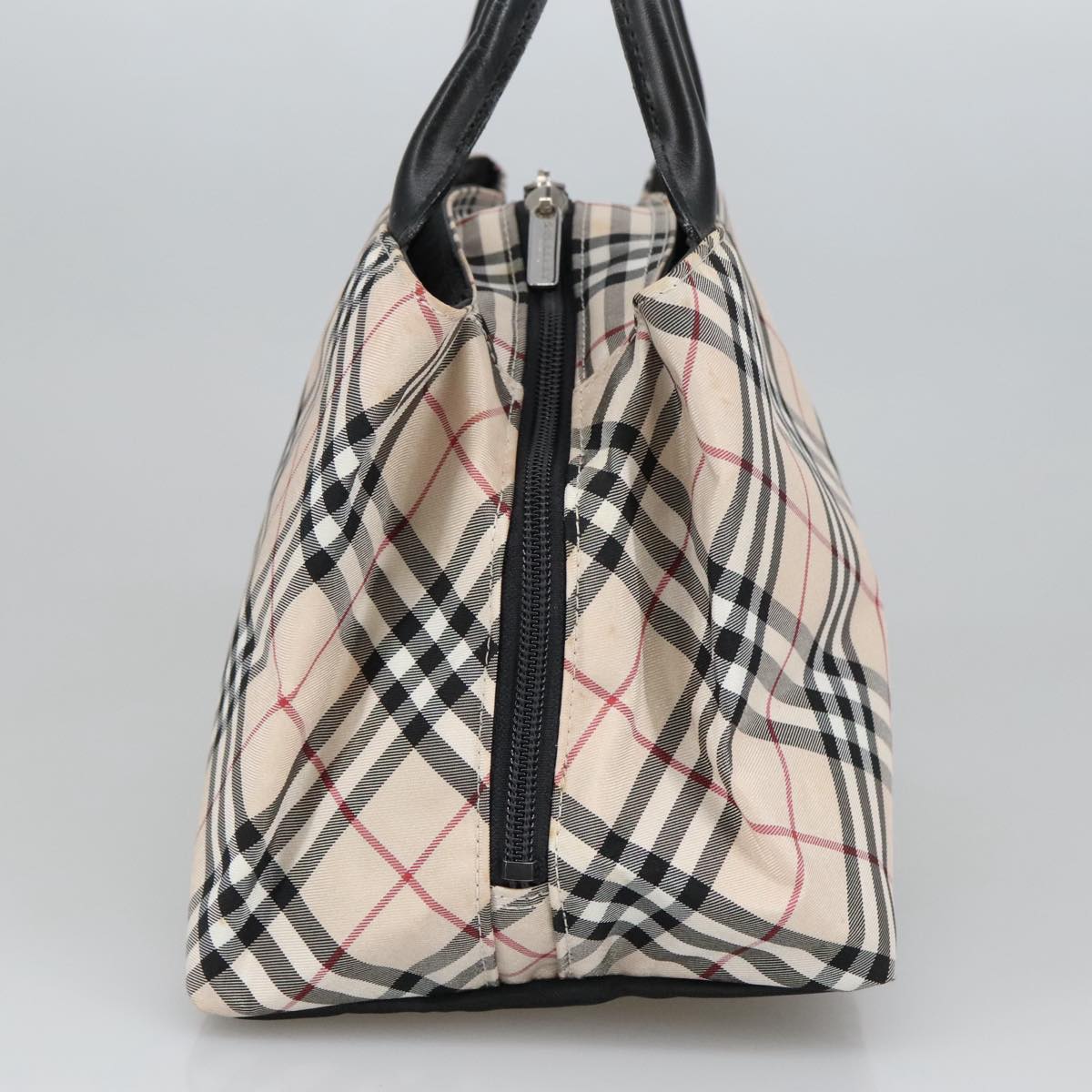 BURBERRY Nova Check Blue Label Hand Bag Nylon Silver Beige Auth bs20355