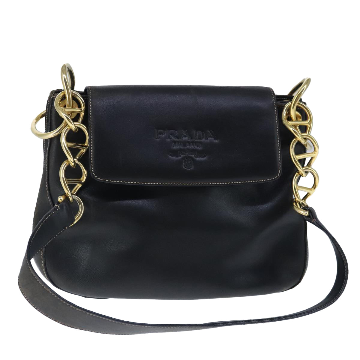 PRADA Shoulder Bag Leather Black Gold Auth bs20362