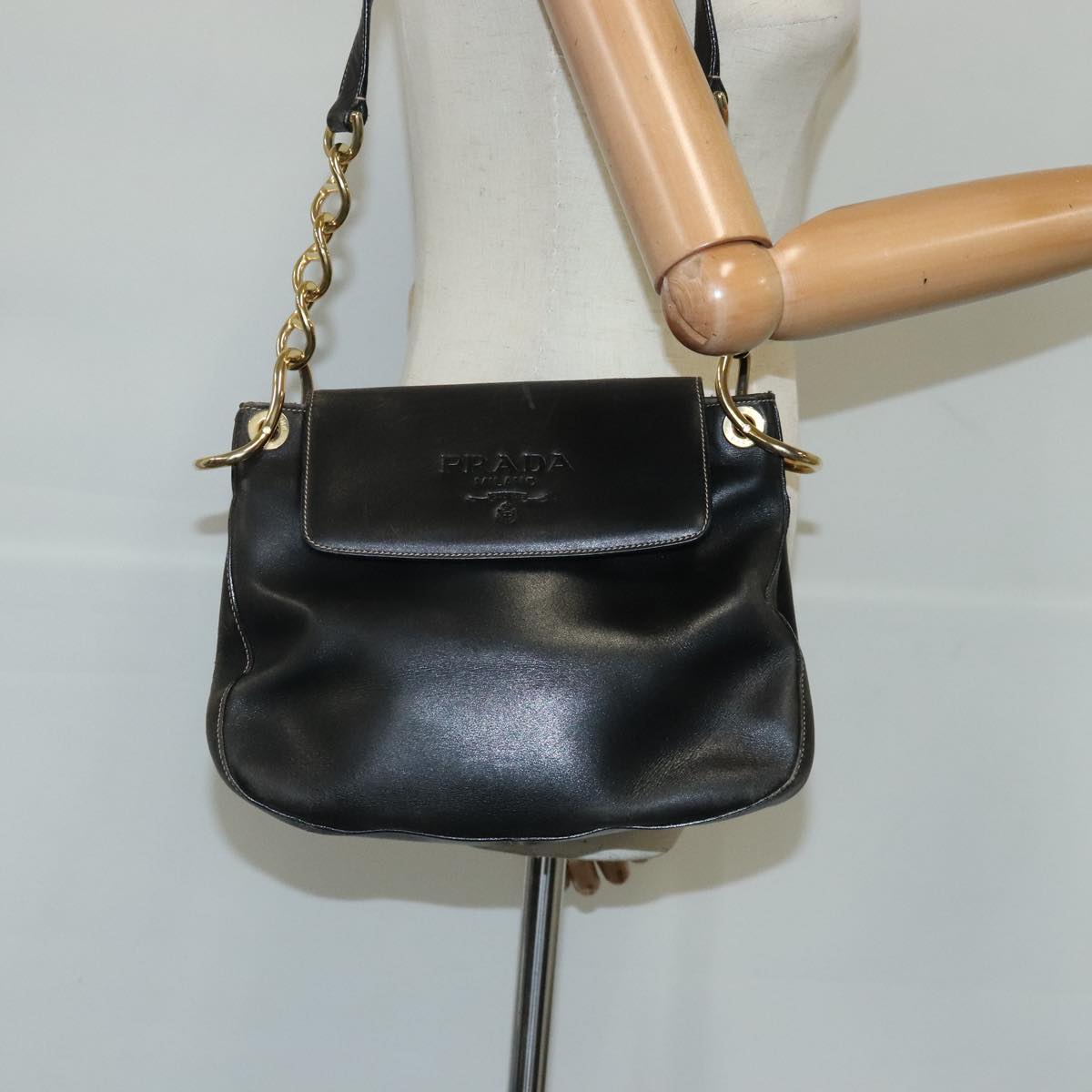 PRADA Shoulder Bag Leather Black Gold Auth bs20362