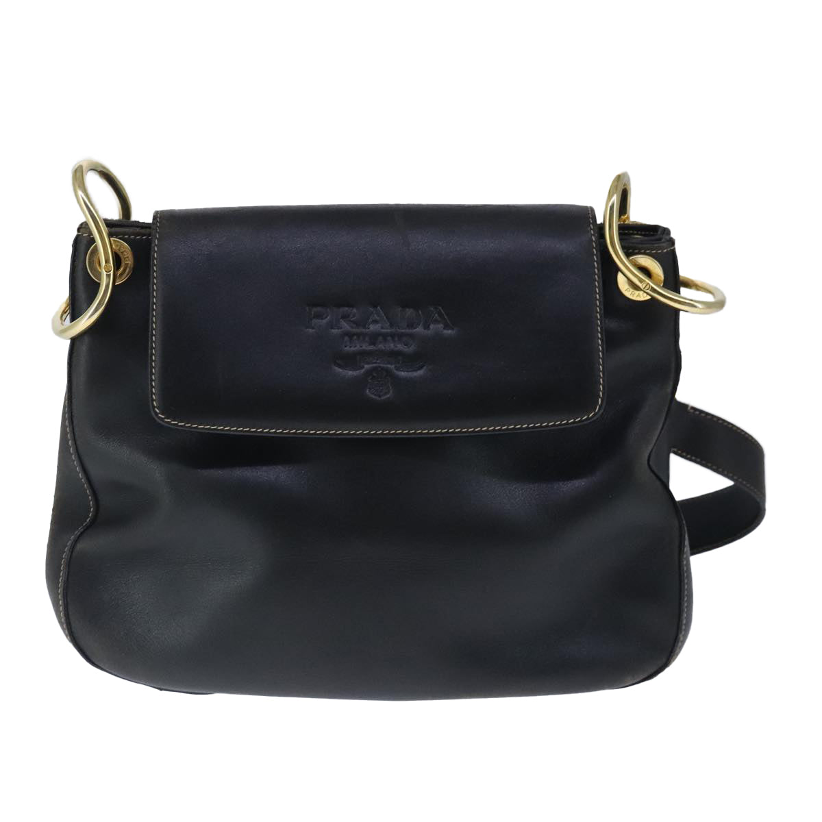 PRADA Shoulder Bag Leather Black Gold Auth bs20362 - 0