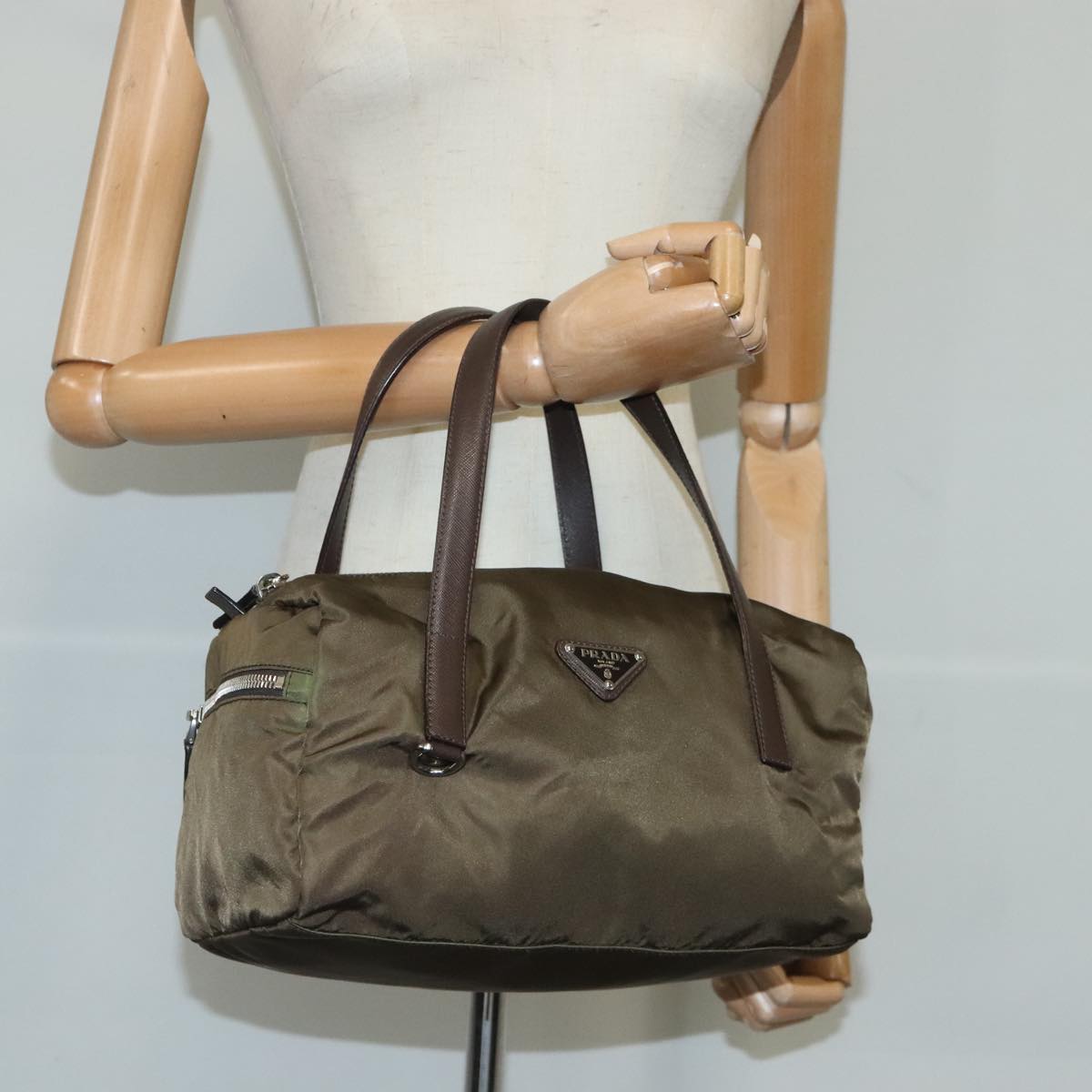 PRADA Hand Bag Nylon Khaki Brown Silver Auth bs20364