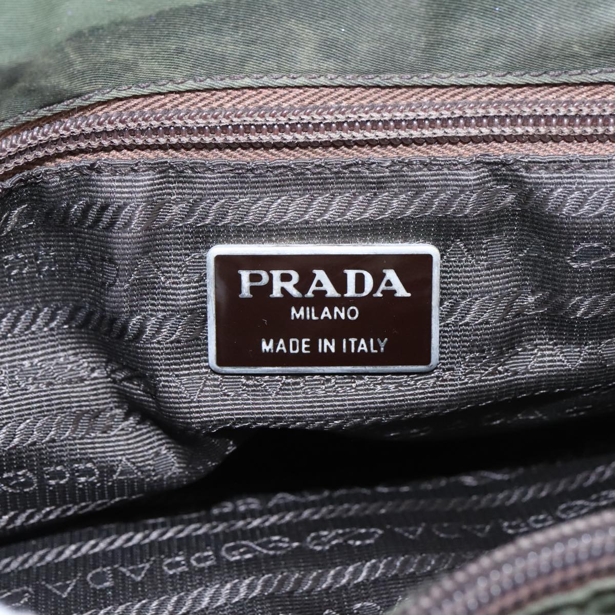 PRADA Hand Bag Nylon Khaki Silver Auth bs20371