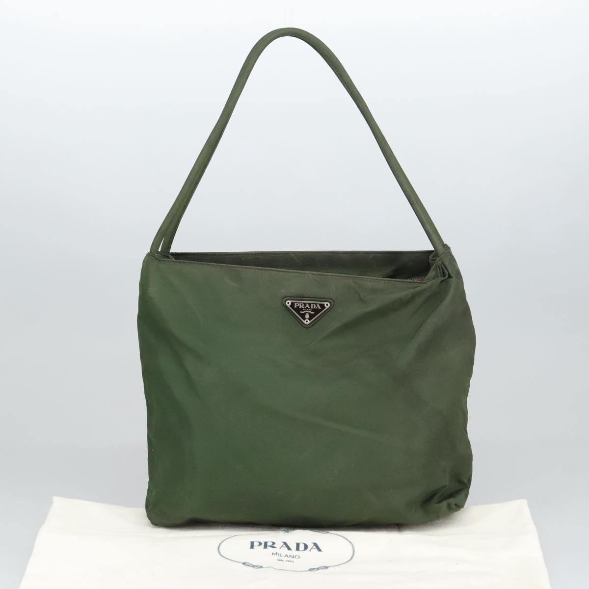 PRADA Hand Bag Nylon Khaki Silver Auth bs20371