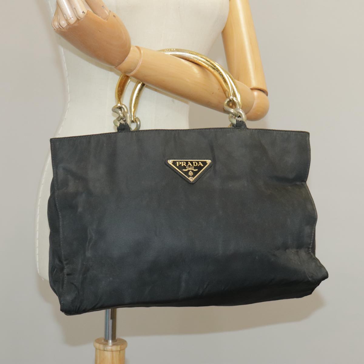 PRADA Hand Bag Nylon Black Gold Auth bs20372