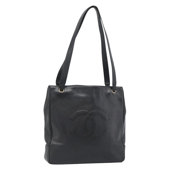 CHANEL COCO Mark Tote Bag Caviar Skin Black Gold CC Auth bs20388