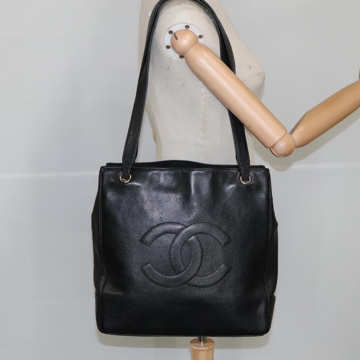 CHANEL COCO Mark Tote Bag Caviar Skin Black Gold CC Auth bs20388