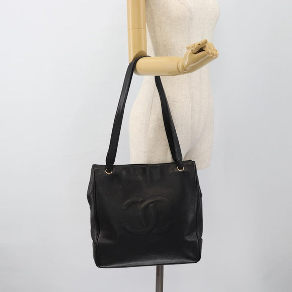 CHANEL COCO Mark Tote Bag Caviar Skin Black Gold CC Auth bs20388