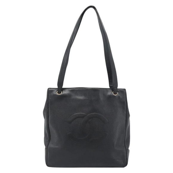 CHANEL COCO Mark Tote Bag Caviar Skin Black Gold CC Auth bs20388