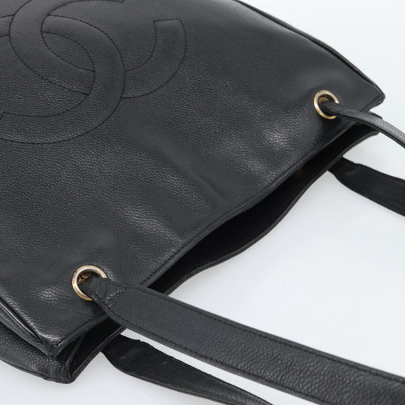 CHANEL COCO Mark Tote Bag Caviar Skin Black Gold CC Auth bs20388