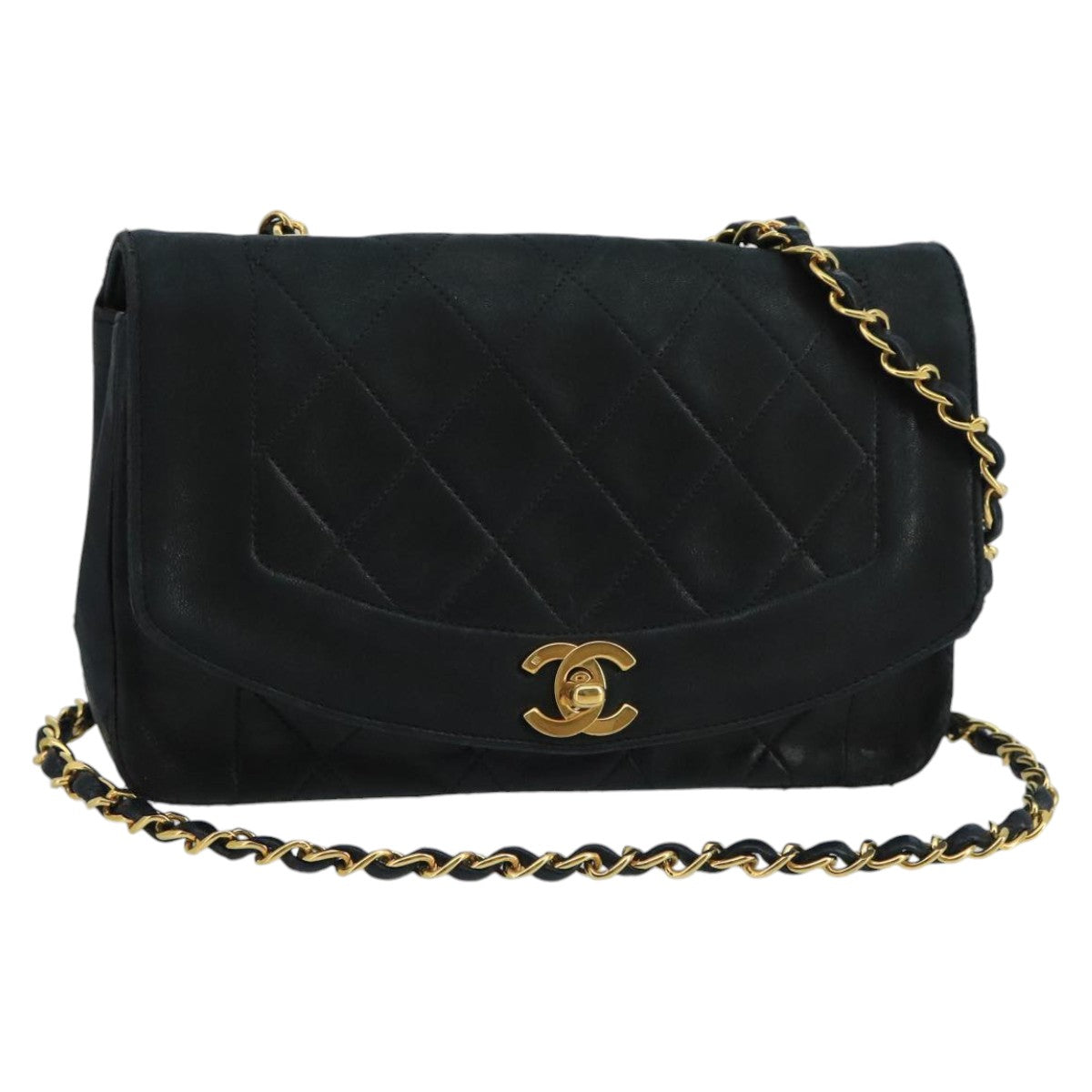 CHANEL Diana Matelasse Chain Shoulder Bag Lamb Skin Black Gold CC Auth bs20390