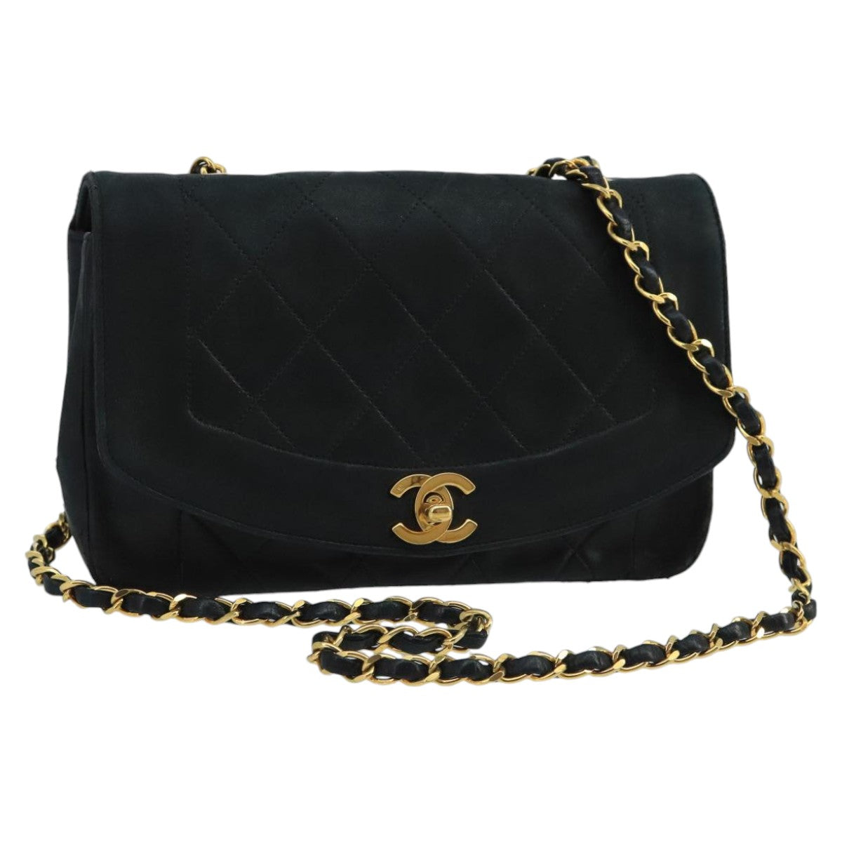 CHANEL Diana Matelasse Chain Shoulder Bag Lamb Skin Black Gold CC Auth bs20390 - 0