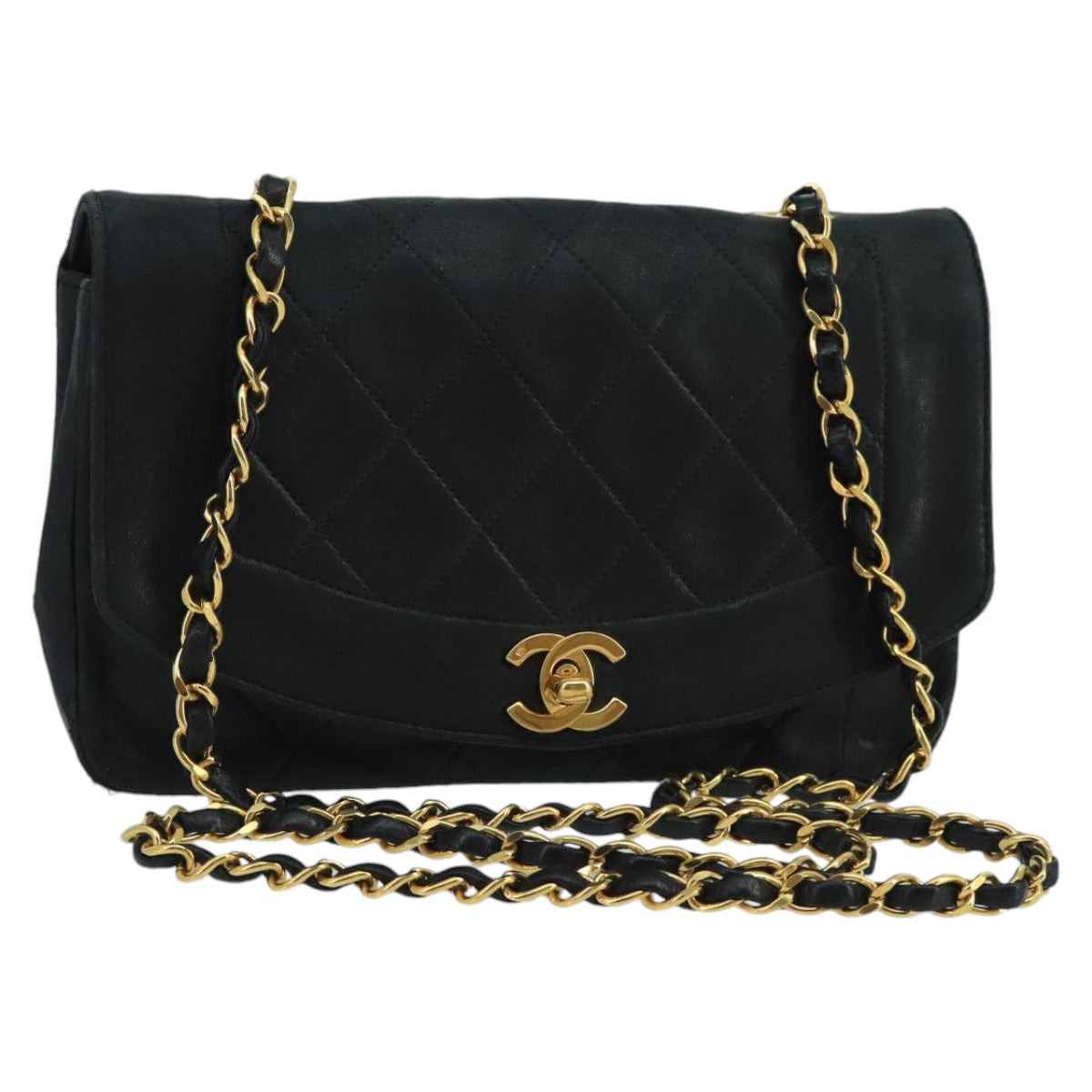 CHANEL Diana Matelasse Chain Shoulder Bag Lamb Skin Black Gold CC Auth bs20390