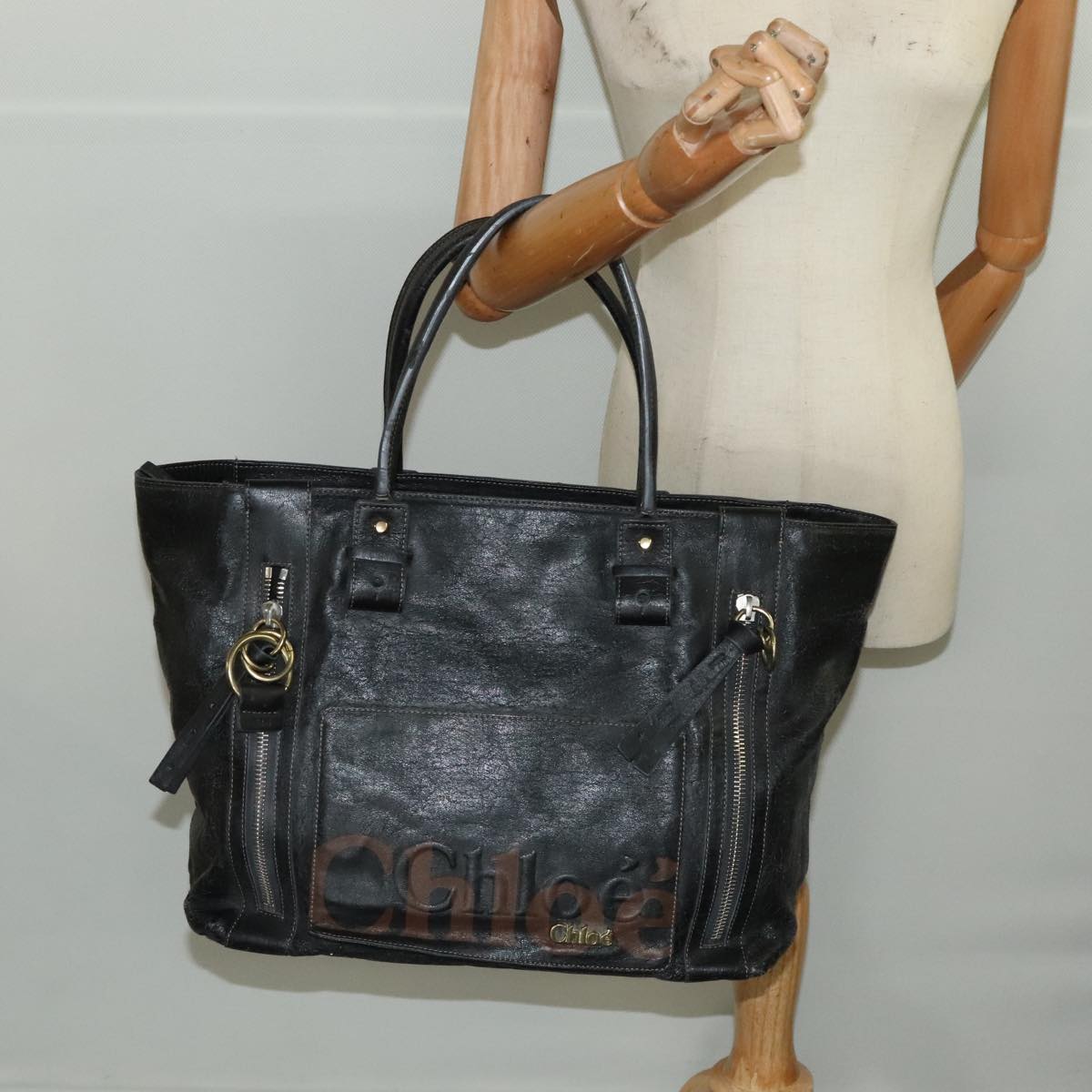 Chloe Tote Bag Leather Black Gold Auth bs20406