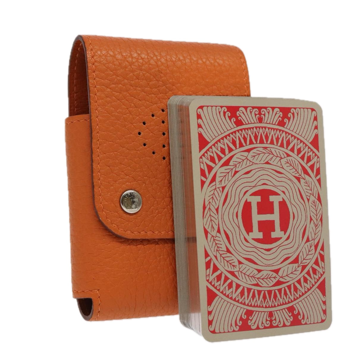 HERMES Etui Cult PM Pouch Leather Playing Cards Set Orange Auth bs20428