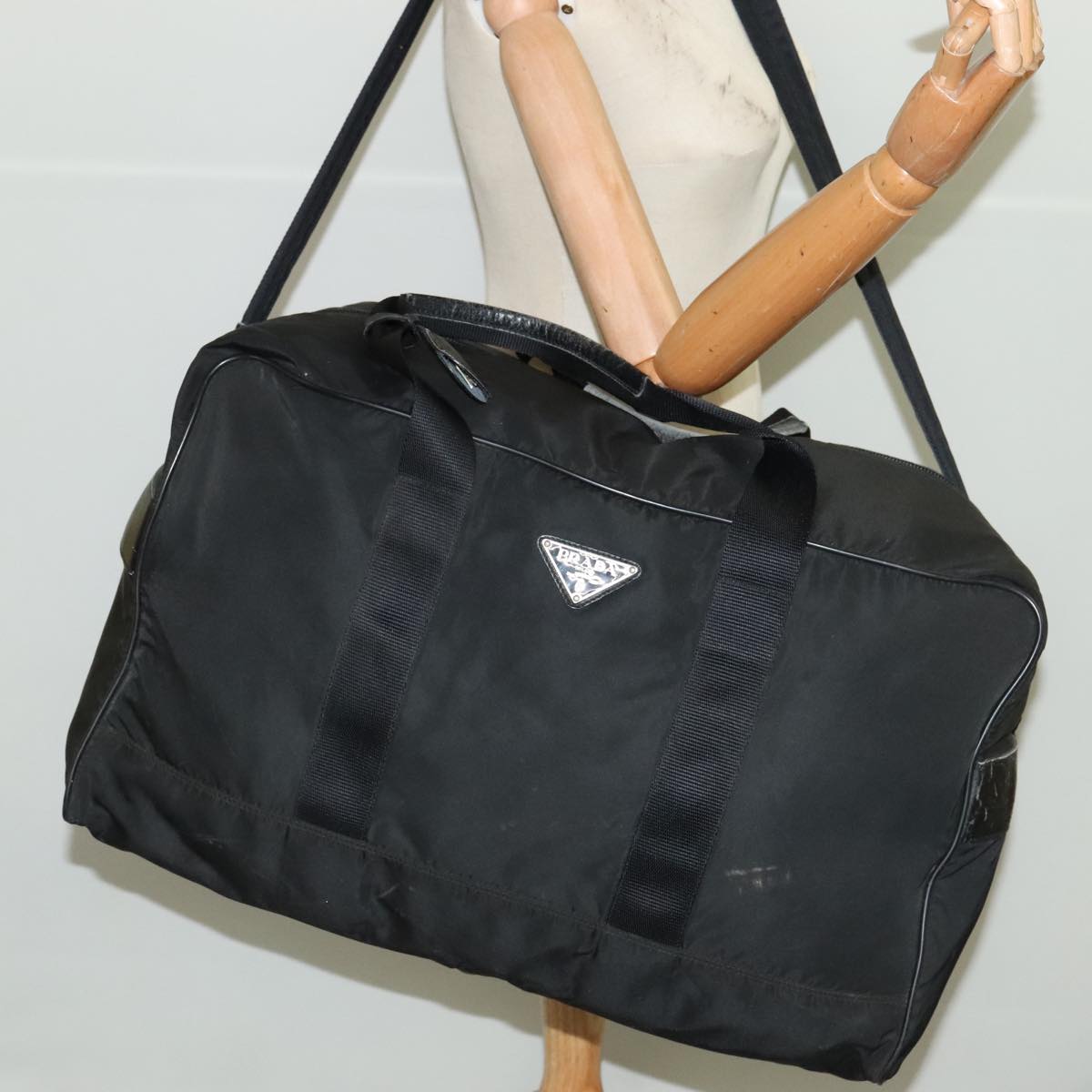 PRADA Boston Bag Nylon 2way Black Silver Auth bs20431