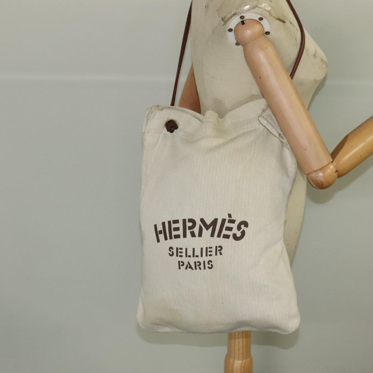 HERMES Arine GM Tote Bag Canvas Leather White Brown Gold Auth bs20507