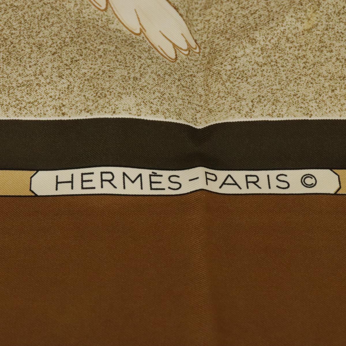 HERMES Carre 90 Scarf ""OISEAUX MIGRATEURS"" Silk Brown Beige Auth bs20515