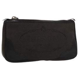 PRADA Pouch Canvas Leather Brown Silver Auth bs20555