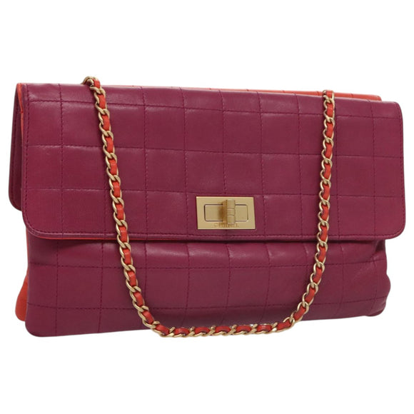 CHANEL Choco Bar Chain Hand Bag Lamb Skin Purple Pink CC Auth bs20703