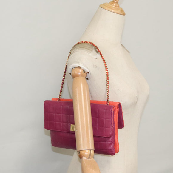 CHANEL Choco Bar Chain Hand Bag Lamb Skin Purple Pink CC Auth bs20703