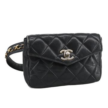 CHANEL Matelasse Chain Waist bag Lamb Skin Black Gold CC Auth bs20726