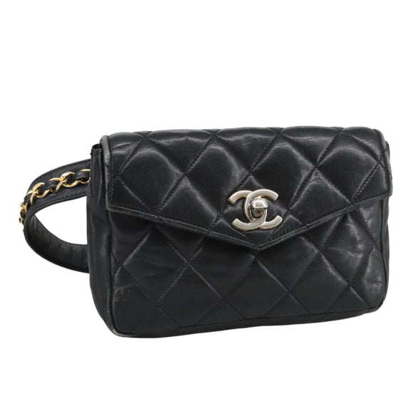 CHANEL Matelasse Chain Waist bag Lamb Skin Black Gold CC Auth bs20726