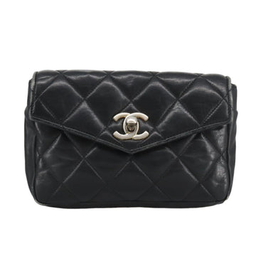 CHANEL Matelasse Chain Waist bag Lamb Skin Black Gold CC Auth bs20726 - 0