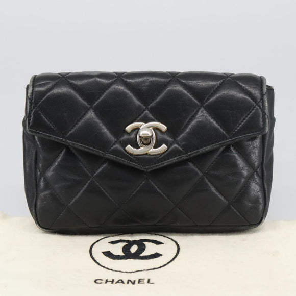 CHANEL Matelasse Chain Waist bag Lamb Skin Black Gold CC Auth bs20726