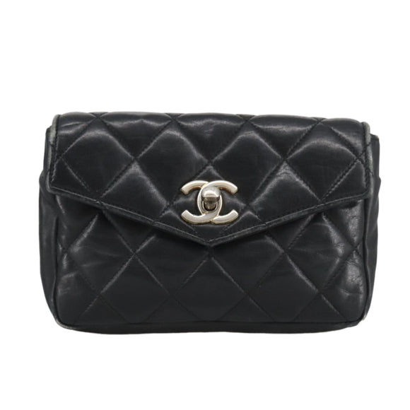 CHANEL Matelasse Chain Waist bag Lamb Skin Black Gold CC Auth bs20726