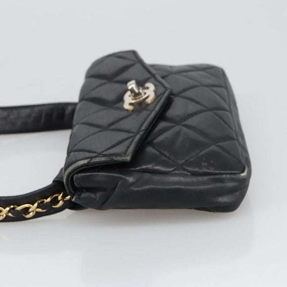 CHANEL Matelasse Chain Waist bag Lamb Skin Black Gold CC Auth bs20726