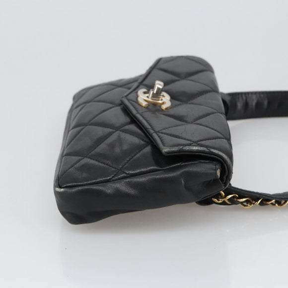CHANEL Matelasse Chain Waist bag Lamb Skin Black Gold CC Auth bs20726
