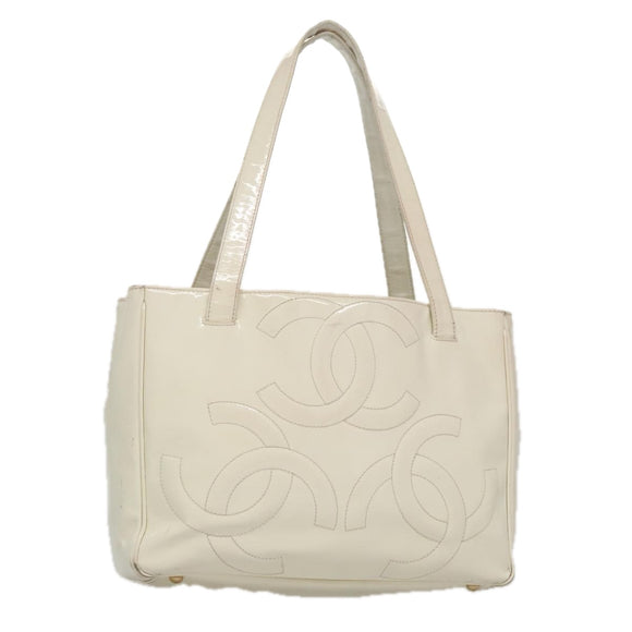 CHANEL Triple Coco Tote Bag Enamel White CC Auth bs20805