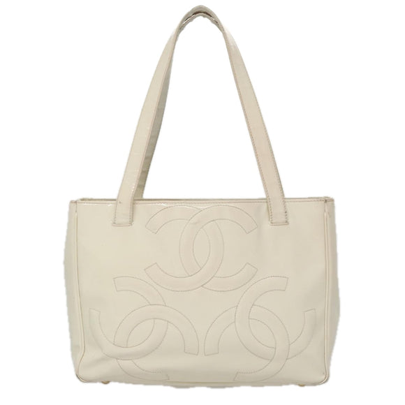 CHANEL Triple Coco Tote Bag Enamel White CC Auth bs20805