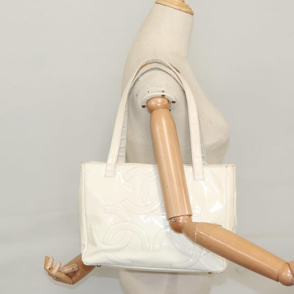 CHANEL Triple Coco Tote Bag Enamel White CC Auth bs20805