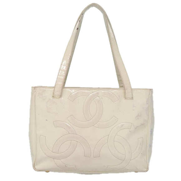 CHANEL Triple Coco Tote Bag Enamel White CC Auth bs20805