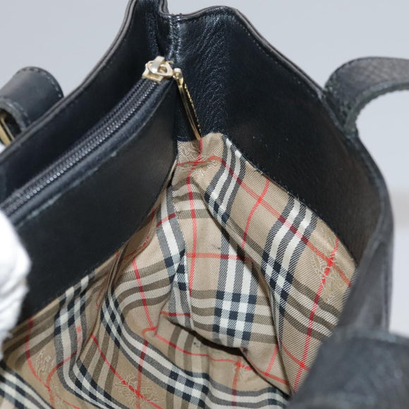 Burberrys Hand Bag Leather Black Gold Auth bs20817