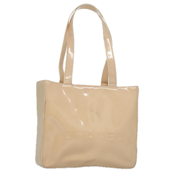CHANEL Tote Bag Enamel Beige Gold CC Auth bs20922