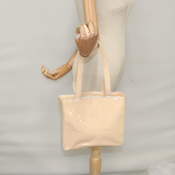 CHANEL Tote Bag Enamel Beige Gold CC Auth bs20922
