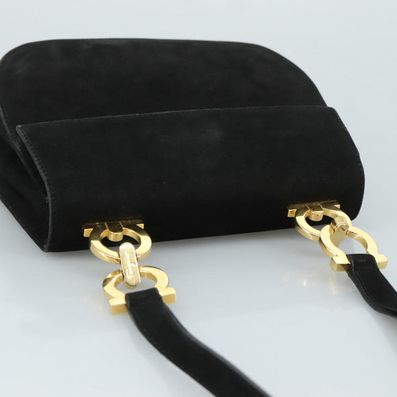 Salvatore Ferragamo Gancini Shoulder Bag Suede Black Gold Auth bs20936