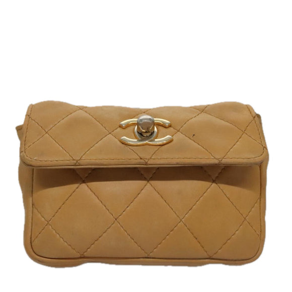 CHANEL Matelasse Waist bag Leather Beige CC Auth bs20969