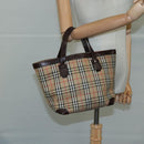 Burberrys Nova Check Hand Bag Canvas Leather Beige Brown Silver Auth bs21004-23
