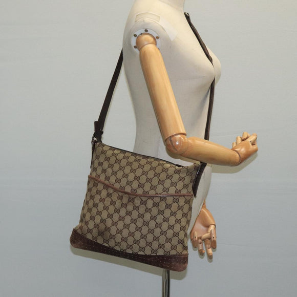 GUCCI GG Canvas Shoulder Bag Beige Silver 145857 Auth bs21051